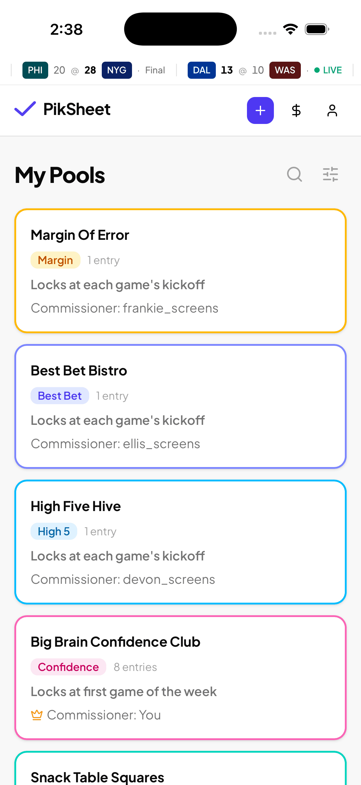 PikSheet dashboard showing a logged-in user's pool list.