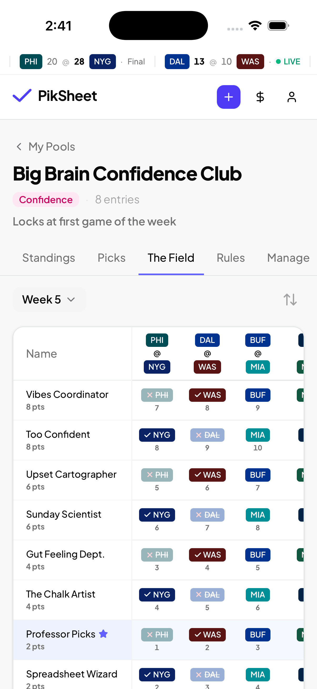 PikSheet field view showing other members' locked picks.