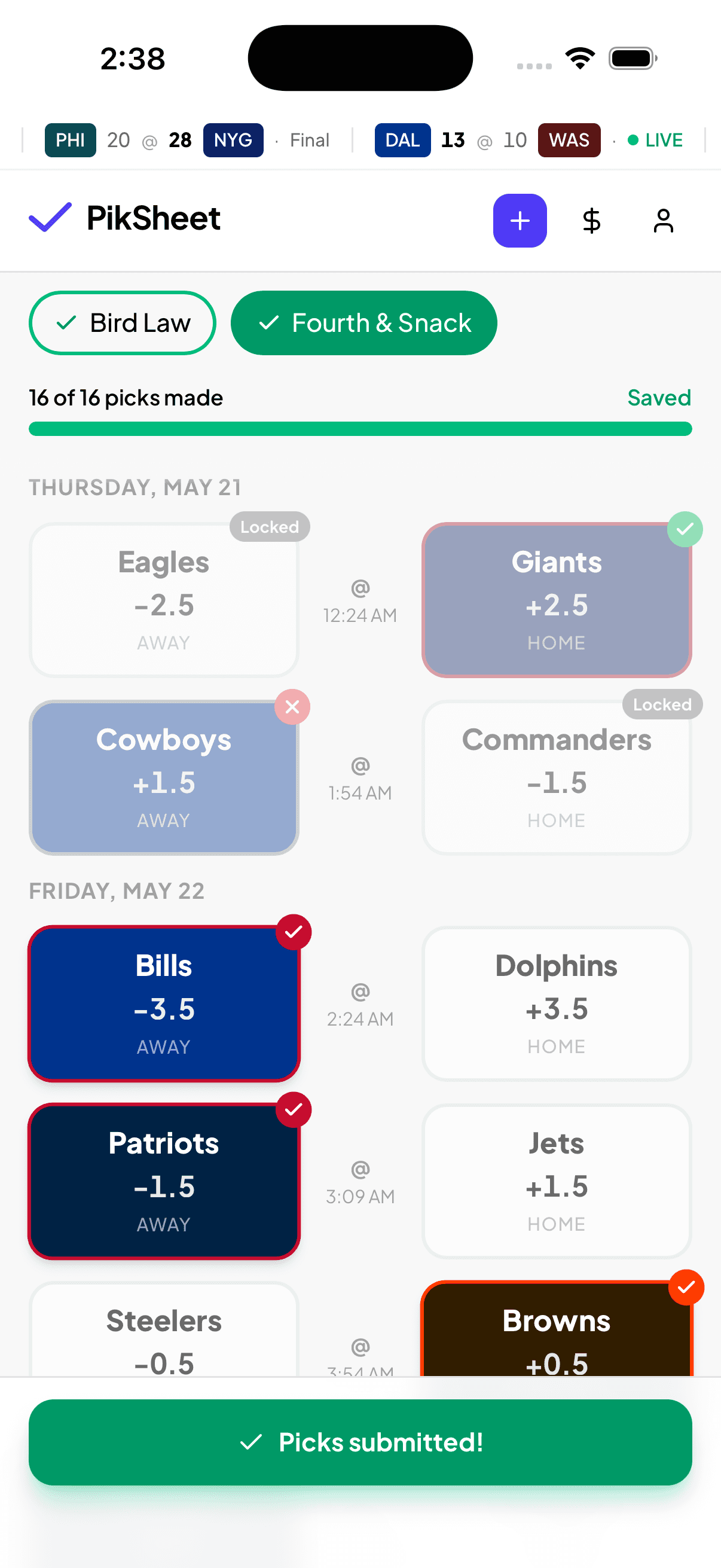 PikSheet pick sheet showing weekly games and selected teams.